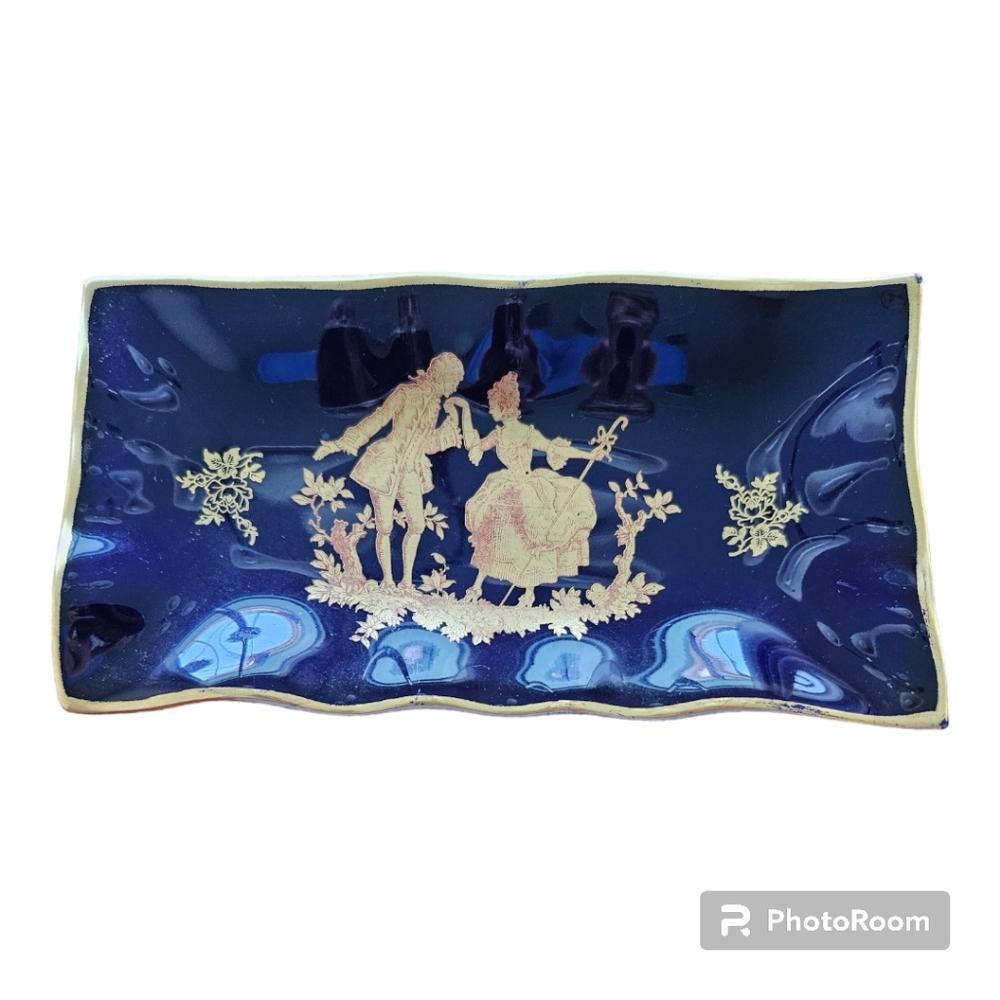 Vintage Jean Feuillade Limoges Porcelain Cobalt Blue Tray